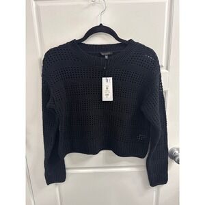 Dynamite Women Black Open Stitch Crewneck Crop Sweater Long Sleeve XS New